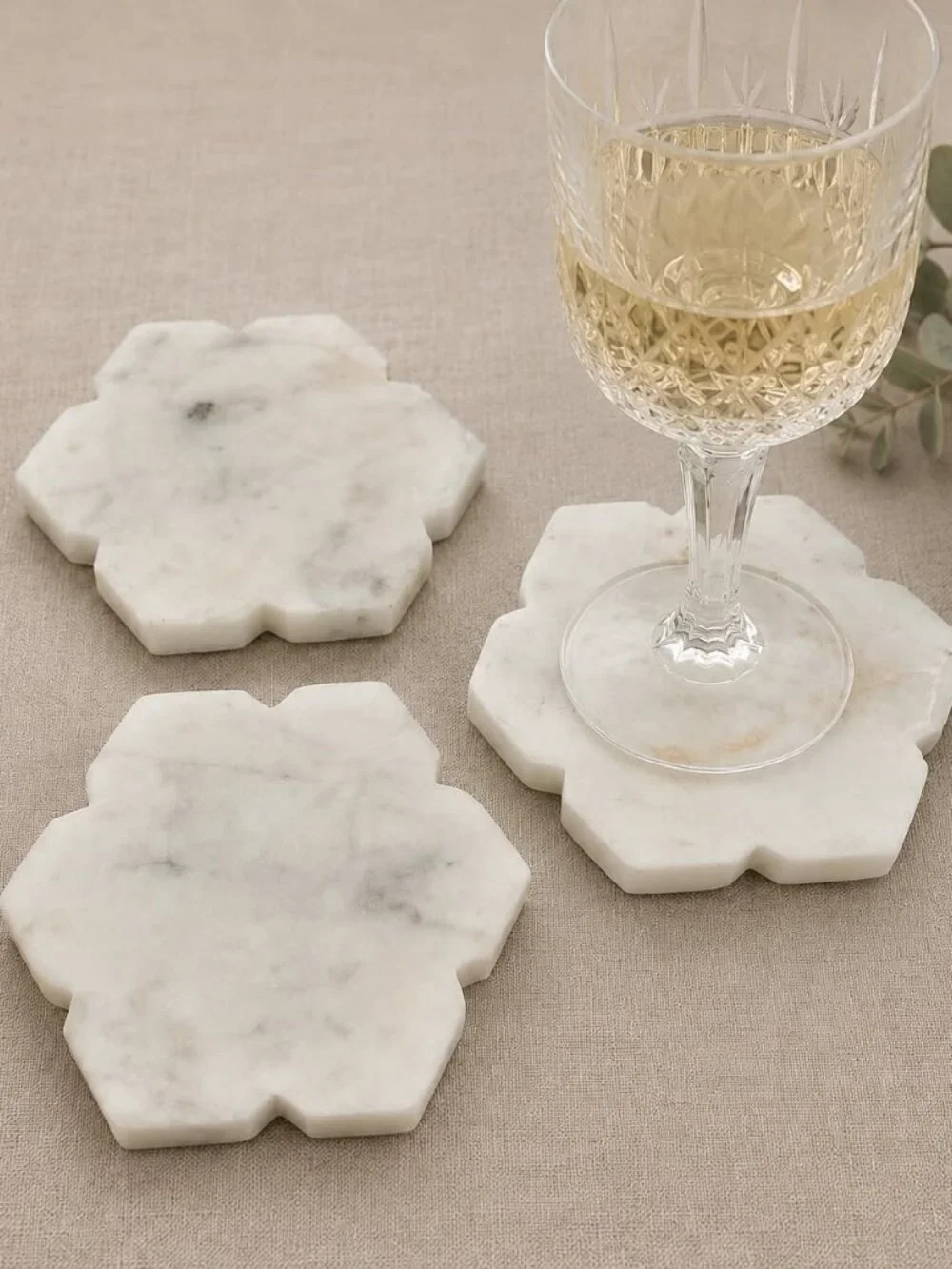Solid White Marble Coasters Set of 3 – Scalloped Flower – Made in India